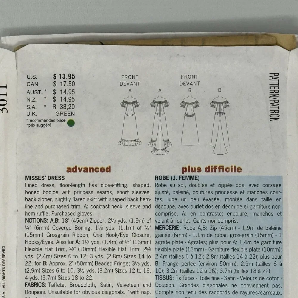 Butterick 3011 Sewing Pattern Edwardian Gown Dress Train Size 18 20 22 History - Picture 6 of 12